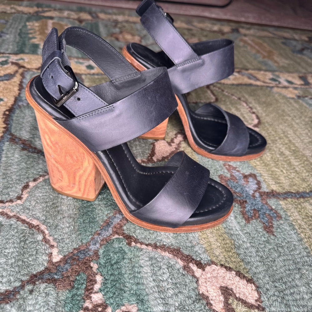 Vince Wood Block Heel Black Leather Sandals